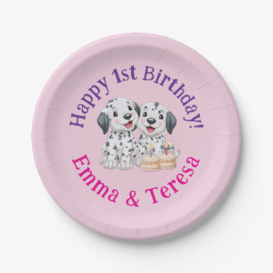 Happy 1st Birthday Party Twin Girls, Puppies Paper Plates