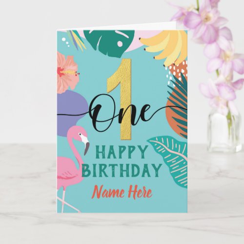 Happy 1st Birthday Pastel Tropical Floral Flamingo Card