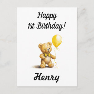 Happy 1st Birthday, Personalized Teddy Bear Card, Postcard
