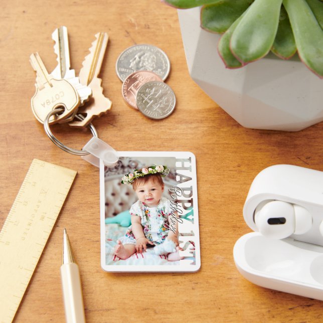 Happy 1st Birthday Photo college Card Keychain (Desk)