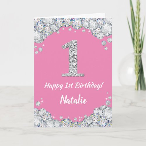 Happy 1st Birthday Pink and Silver Glitter Card