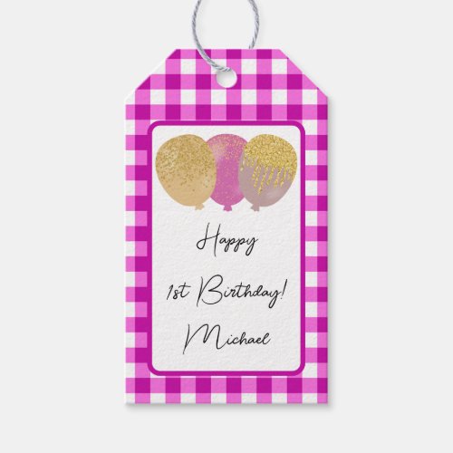 Happy 1st Birthday  Pink Gingham  Balloons Gift Tags