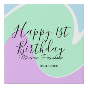 Happy 1st birthday pink green blue acrylic pour faux canvas print