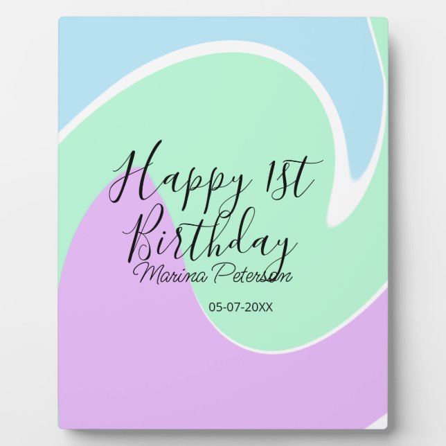 Happy 1st birthday pink green blue acrylic pour  plaque (Front)