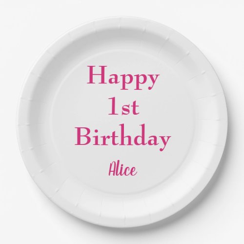 Happy 1st Birthday Pink White Custom Name Girly Paper Plates