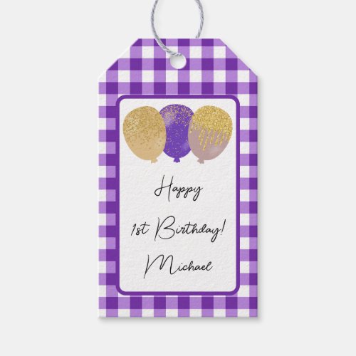 Happy 1st Birthday  Purple Gingham  Balloons Gift Tags