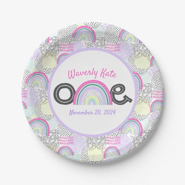 Happy 1st Birthday Rainbow 90's Baby Girl's Party Paper Plates (Front)