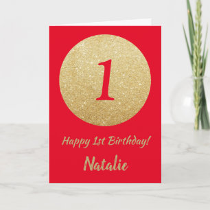 Happy 1st Birthday Red and Gold Glitter Card