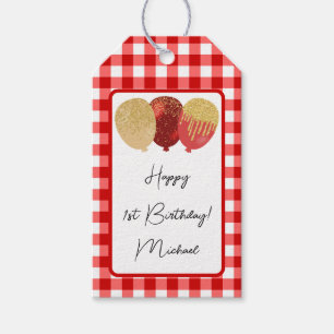 Happy 1st Birthday & Red Gingham & Balloons Gift Tags