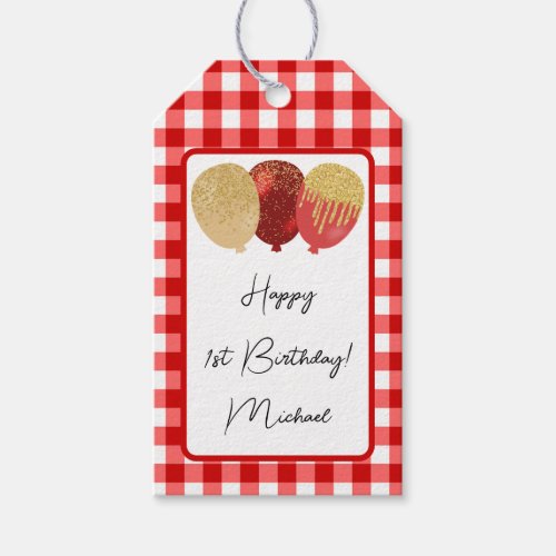 Happy 1st Birthday  Red Gingham  Balloons Gift Tags