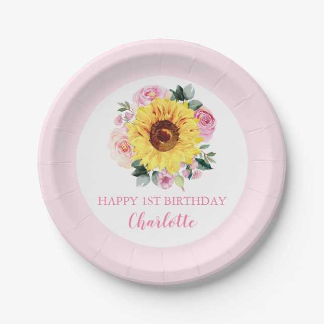 Happy 1st Birthday Sunflower Pink Floral Paper Plates (Front)