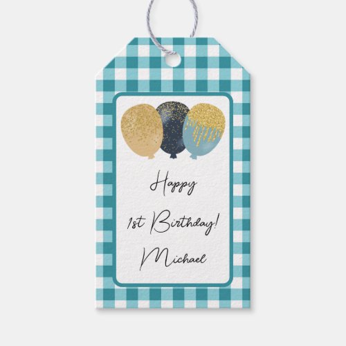 Happy 1st Birthday  Teal Blue Gingham  Balloons Gift Tags