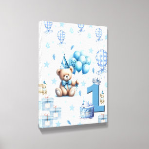Happy 1st. Birthday Teddy Bear Blue Canvas Photo Tile
