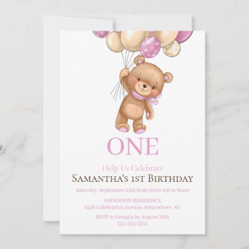 happy 1st birthday teddy bear   invitation