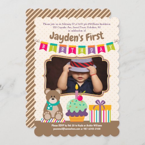 Happy 1st Birthday Teddybear Cupcake Bunting Photo Invitation