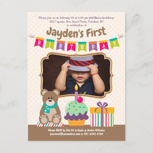 Happy 1st Birthday Teddybear Cupcake Bunting Photo Invitation Postcard