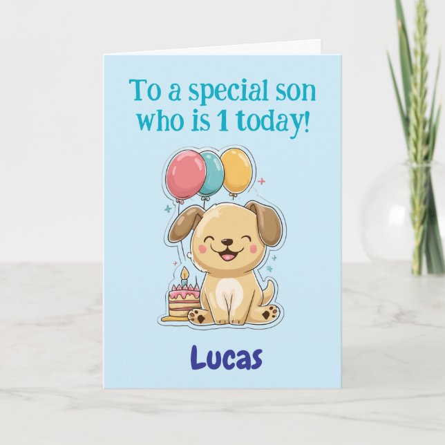 Happy 1st Birthday to a Special Son, Puppy,  Card (Front)