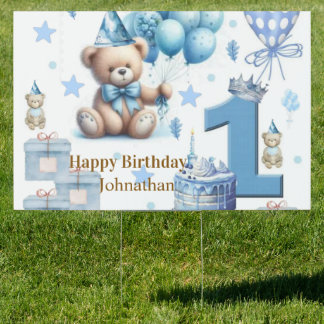 Happy 1st. Birthday Yard Sign Fox Teddy Bear Blue