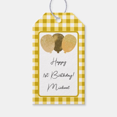 Happy 1st Birthday  Yellow Gingham  Balloons Gift Tags