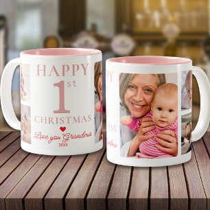 Happy 1st Christmas Love You Grandma 5 Photo Pink Two-Tone Coffee Mug