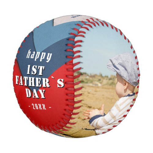 Happy 1st Father`s Day Blue Red 2 Photo Collage  Baseball - Happy 1st Father`s Day Blue Red 2 Photo Collage Baseball. Modern blue and red geometric background pattern. Add 2 photos, names and year. Sweet gift and a cute keepsake for new dad for Father`s Day.