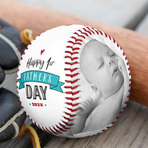 Happy 1st Fathers Day Bold Type Turquoise Banner Baseball