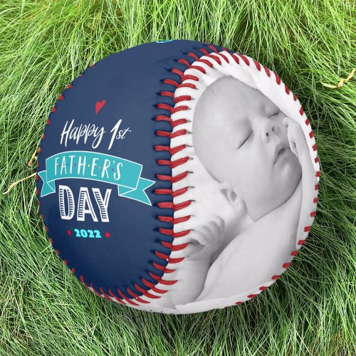 Happy 1st Fathers Day Bold Typography Aqua Navy Baseball