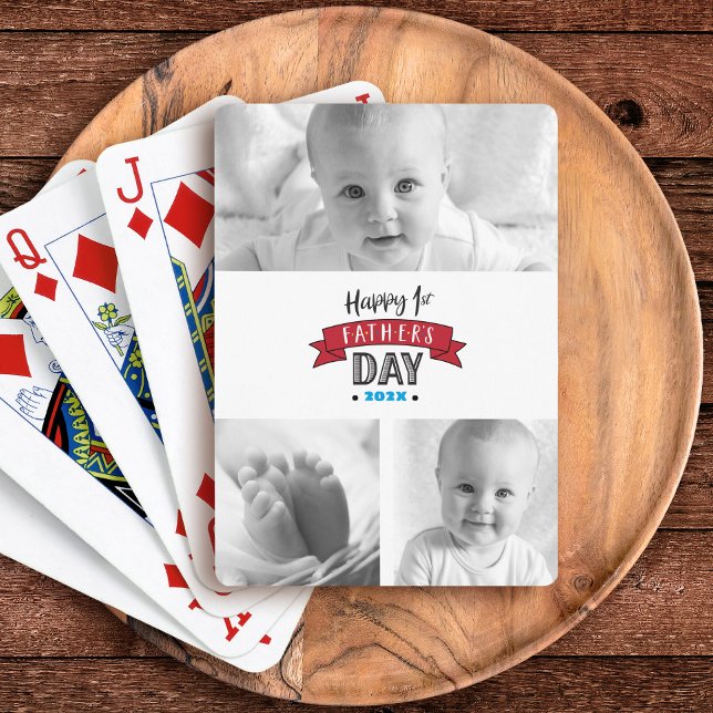 Happy 1st Father’s Day Red 3 Photo Collage Modern  Poker Cards (Creator Uploaded)