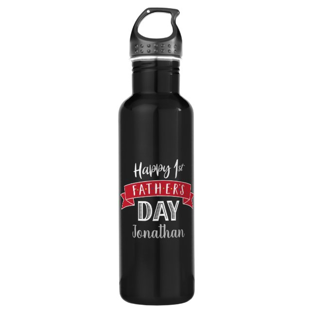 Happy 1st Father’s Day Red Banner Black Name Cool Stainless Steel Water Bottle (Front)