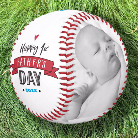 Happy 1st Father’s Day, Red Banner Bold Typography Baseball