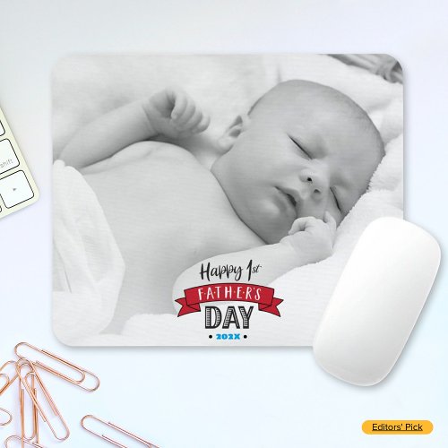 Happy 1st Fatherâs Day Red Banner Bold Typography Mouse Pad