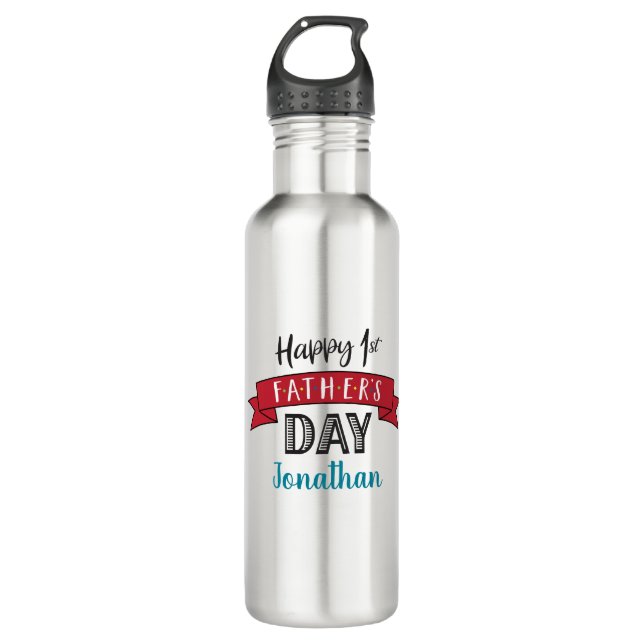 Happy 1st Father’s Day Red Banner Custom Name Cool Stainless Steel Water Bottle (Front)