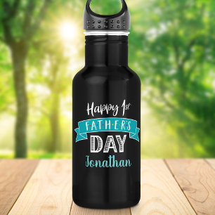 Happy 1st Father’s Day Turquoise Banner Cool Name Stainless Steel Water Bottle