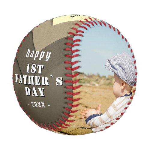 Happy 1st Father`s Day Vintage 2 Photo Collage  Baseball - Happy 1st Father`s Day Vintage 2 Photo Collage Baseball. Geometric background pattern in beige and brown colors. Add 2 photos, names and year. Sweet gift and a cute keepsake for a new dad for Father`s Day.