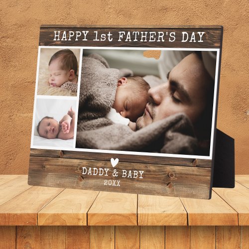 Happy 1st Fathers Day 3 Photo Collage Dark Wood   Plaque