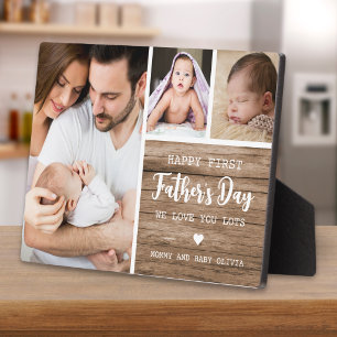 Happy 1st Father's Day 3 Photo Collage Rustic Wood Plaque