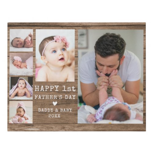 Happy 1st Fathers Day 6 Photo Collage Rustic Wood Faux Canvas Print