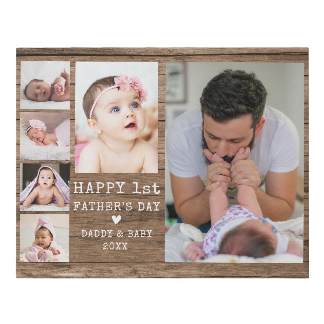 Happy 1st Father's Day 6 Photo Collage Rustic Wood Faux Canvas Print (Front)