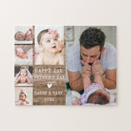 Happy 1st Fathers Day 6 Photo Collage Rustic Wood Jigsaw Puzzle