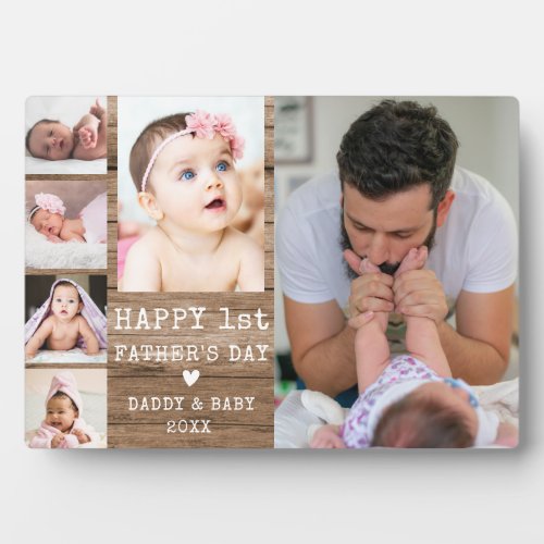 Happy 1st Fathers Day 6 Photo Collage Rustic Wood Plaque