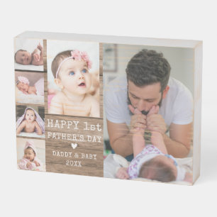 Happy 1st Father's Day 6 Photo Collage Rustic Wood Wooden Box Sign