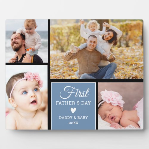 Happy 1st Fathers Day Black Blue 4 photo Collage Plaque