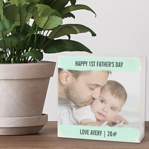 Happy 1st Fathers Day Custom Baby Photo Aqua Mint Wooden Box Sign