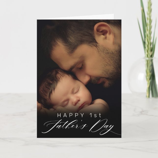 Happy 1st Father's Day Elegant Script 2 Photo Holiday Card (Front)