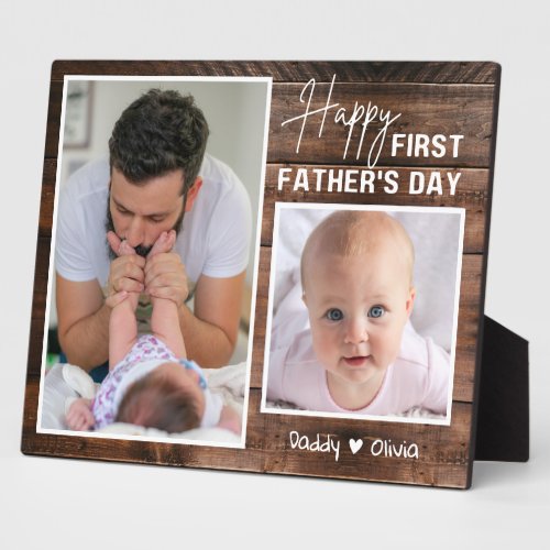 Happy 1st Fathers Day New Dad 2 Photo Dark Wood   Plaque