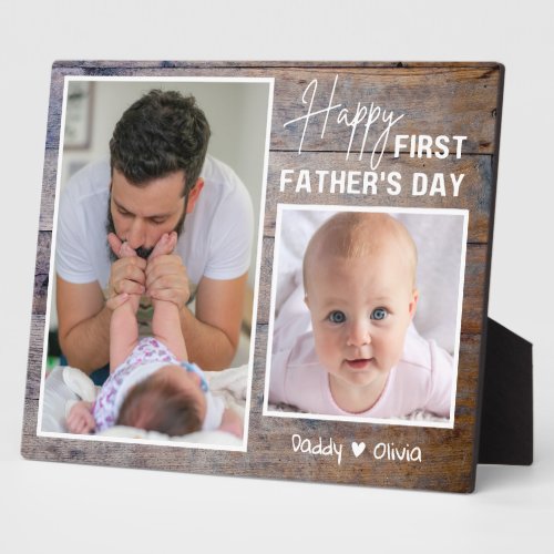 Happy 1st Fathers Day New Dad 2 Photo Rustic Wood Plaque