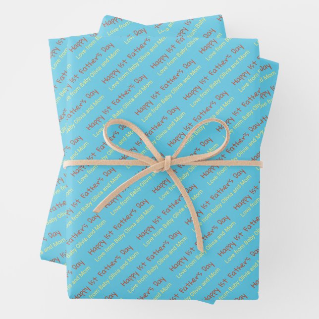 Happy 1st Father's Day Sky Blue Yellow Givers Name Wrapping Paper Sheets (In situ)