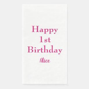 Happy 1st First Birthday Pink White Custom Name Paper Guest Towels