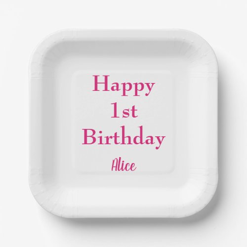 Happy 1st First Birthday Pink White Custom Name Paper Plates