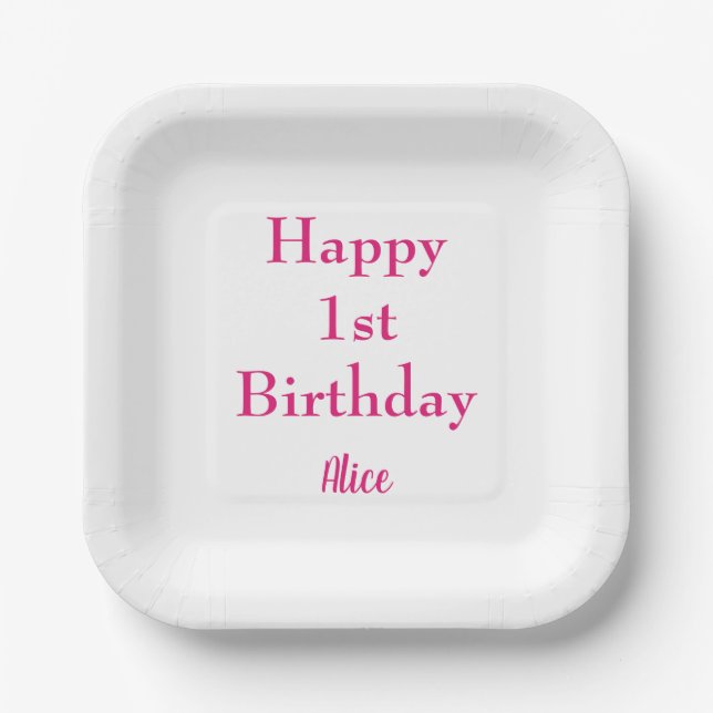 Happy 1st First Birthday Pink White Custom Name Paper Plates (Front)